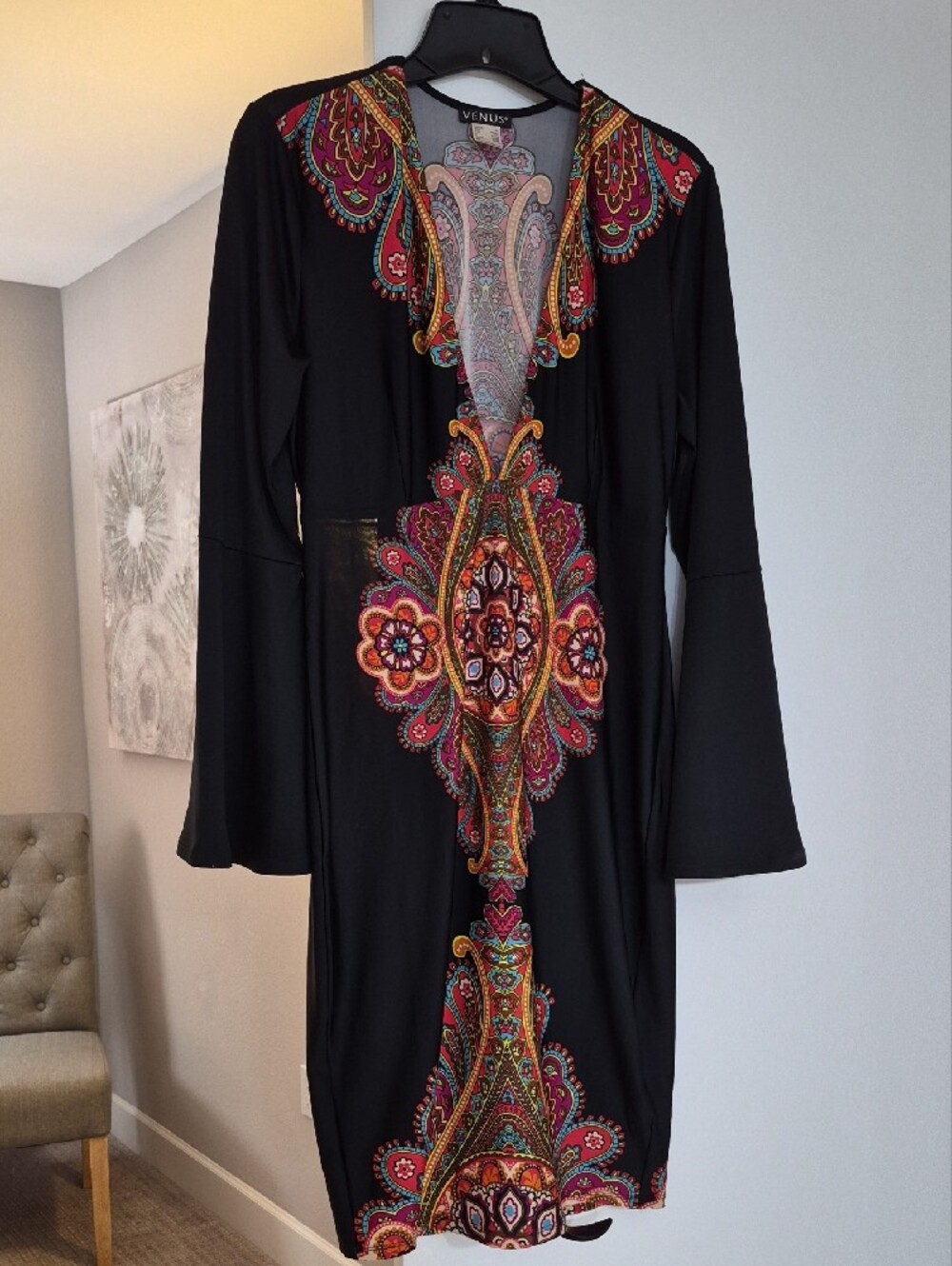 VENUS Black Dress with Colorful Paisley Medallion